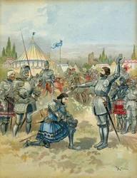 Fünfter Italienischer Krieg (1515-1516): Pierre Terrail de Bayard (1476-1524) rüstet François I. (1494-1547) nach der Schlacht von Marignano (Italien) am Abend des 14. September 1515 zum Ritter. Illustration