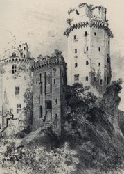 Festung von Largoet (Türme von Elven) - Altes Frankreich - Bretagne - Text, Zeichnungen und Lithographien von Albert Robida (1848-1926), undatiert, Ende des 19. Jahrhunderts