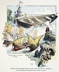 Gulliver und sein gigantisches Boot im Hafen der Lilliputaner (in „Gullivers Reisen“ von Jonathan Swift (1721), illustriert von Robida)