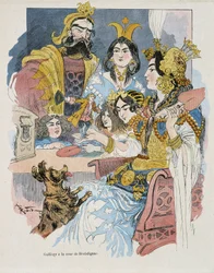 Gulliver am Hof von Brobdignac - in „Gulliver Voyages“ von Swift, ill. von Robida