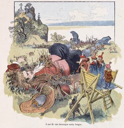 Gulliver von den Lilliputanern gefesselt - in „Gullivers Reisen“ von Swift, ill. von Robida