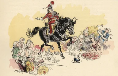 Illustration von Albert Robida in „Geschichte und Abenteuer des Baron von Münchhausen“, H. Laurens Ed., Ende des 19. Jahrhunderts.