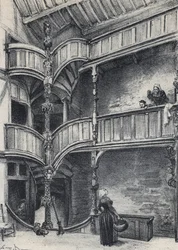 Innenansicht eines Hauses in Morlaix - Altes Frankreich - Bretagne - Text, Zeichnungen und Lithographien von Albert Robida (1848-1926) undatiert Ende 19. Jahrhundert