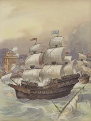 Die Flotte von Jean Ango blockiert den Tejo und bedroht Lissabon