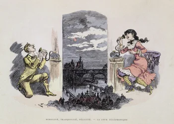 Moral, Ruhe, Glückseligkeit - Das Telefongericht, Karikatur von Robida, 19. Jahrhundert