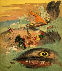 Sindbad der Seefahrer - Märchen aus Tausendundeiner Nacht - Buch von 1948 erzählt seine Abenteuer (Fortin-Ausgabe, Sammlung Wunderbare Kindheitsbilder) - Illustration von Albert Robida: Sindbad und seine Gefährten sind gescheitert