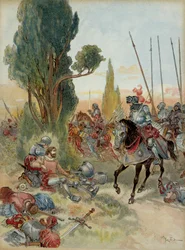 Sechster Italienischer Krieg (1521-1526): Tod von Pierre Terrail de Bayard (1476-1524), verwundet durch einen Arkebusenschuss bei Rebec (Italien) im Jahr 1524, Charles de Montpensier, Connétable von Bourbon (1490-1527), stand ihm gegenüber. Illustration