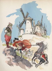 Der Baron von Münchhausen, gerade die ägyptische Grenze überschritten, wird von einem Sturm erfasst, der von einer großen Figur ausgelöst wird, um die 7 Mühlen zu betreiben. „Illustration von Albert Robida - in „Geschichte und Abenteuer des Barons von Münc