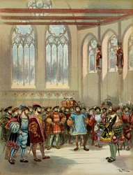 Der burgundische Herold, gesandt von Karl V. (1500-1558), wurde von François I. (1494-1547) in der großen Halle des Parlaments in Paris empfangen, erste Hälfte des 16. Jahrhunderts. Illustration