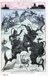 Unterwasserkampf in der Bucht von Papagayo (Taucher reiten auf Fischen), Parodie von Jules Verne, „Sehr außergewöhnliche Reisen von Saturnin Farandoul in 5 oder 6 Teilen der Welt und in allen bekannten oder unbekannten Ländern von Herrn Jules Verne“ von Ro