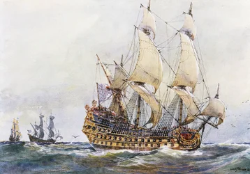 Erstrangiges französisches Schiff zur Zeit von Colbert (17. Jahrhundert), Aquarell von Albert Sebille