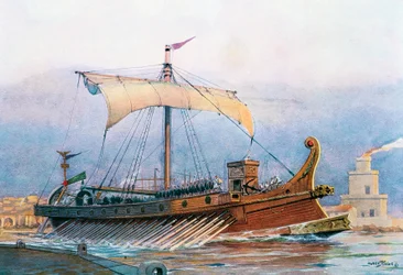 Römisches kaiserliches Schiff verlässt Arsenal, Aquarell von Albert Sebille (1874-1953)