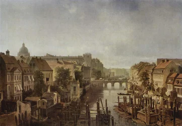 Blick von den Königlichen Mühlen am Mühlendamm zur Langen Brücke in Berlin