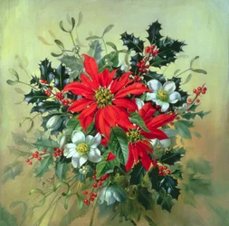 AB130 Ein Weihnachtsgesteck mit Stechpalme, Mistelzweigen und anderen Winterblumen