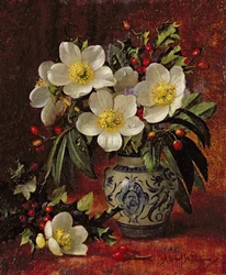 Stillleben mit Weihnachtsrosen und Stechpalmen