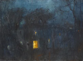 Haus bei Nacht mit einem beleuchteten Fenster