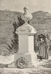 Denkmal für Paolo Giacometti (1816-1882) auf dem Friedhof Staglieno, Genua, Italien, Gravur nach einer Zeichnung von Alberto della Valle, aus L