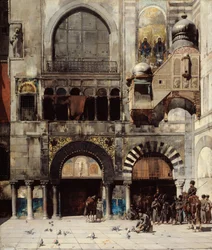 Tscherkessische Kavallerie wartet auf ihren Kommandanten vor einem byzantinischen Monument