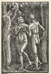 Der Fall und die Erlösung des Menschen: Adam und Eva essen die verbotene Frucht, um 1515