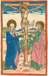 Christus am Kreuz zwischen der Jungfrau Maria und dem heiligen Johannes