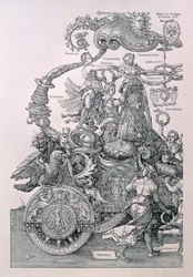 Entwurf für den Großen Triumphwagen von Kaiser Maximilian I.: Detail, das die Tugenden zeigt, die dem Kaiser einen Kranz auf den Kopf setzen, geplant von Willibald Pirckheimer, veröffentlicht ca. 1518