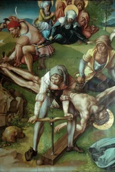 Sieben Schmerzen Polyptychon Christus ans Kreuz genagelt, 1495-1496