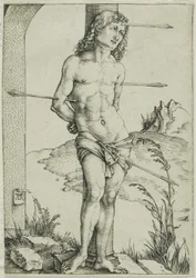 Der heilige Sebastian an die Säule gebunden