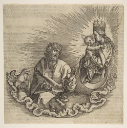 Die Jungfrau erscheint dem heiligen Johannes, Frontispiz zur Apokalypse, 1511