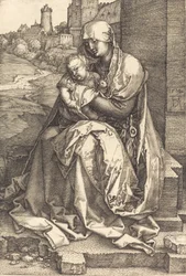 Die Jungfrau und das Kind sitzen an der Mauer