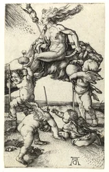 Rückwärts auf einer Ziege reitende Hexe, um 1505