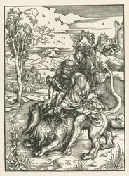 Samson tötet den Löwen, um 1497-98 (Holzschnitt)