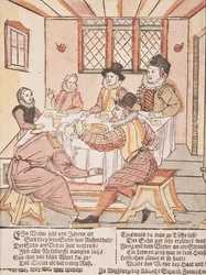 Ein Vater, der von seinem Sohn misshandelt wird (farbiger Holzschnitt)