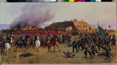 Die Eroberung der Festung Gorni Dubnik am 24. Oktober 1877. Russisch-türkischer Krieg: Kampfszene zwischen den Kosaken der russischen Armee und den Soldaten des Osmanischen Reiches, militärische Episode zur Kontrolle des Shipka-Passes (Bulgarien).