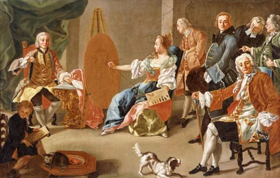 Eine Allegorie der Malerei: Eine elegante Gesellschaft in einem Innenraum mit einem Herrn, der für sein Porträt sitzt