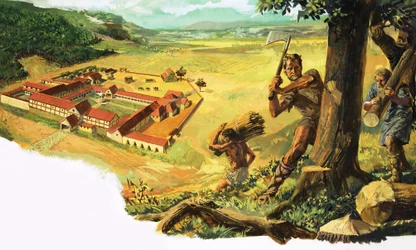 Unbekannter Mann hackt Holz, das zu einer Siedlung gebracht wird