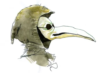 Ein Pestdoktor mit einer schnabelartigen Maske, die mit aromatischen Gegenständen gefüllt war