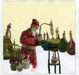 Alchemist in seinem Labor umgeben von Fläschchen und Destillierkolben Illustration von Alessandro Lonati