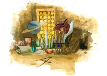 Ein Alchemist in seinem Labor, umgeben von Fläschchen und Destillierapparaten, untersucht den Inhalt eines Fläschchens