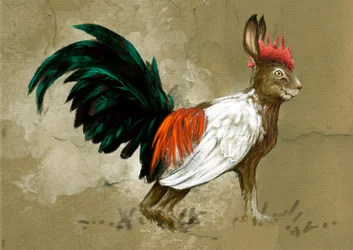 Fantastische Monster und Kreaturen, Kryptozoologie: Darstellung eines Skvader, imaginäres Wesen aus Schweden, halb Hase und halb großer Auerhahn, geschaffen 1918 vom Präparator Rudolf Granberg - Zeichnung von Alessandro Lonati, 2012