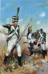 Erstes Kaiserreich (1804-1814 und 1815): Soldaten der großen napoleonischen Armee in Italien, die einem verwundeten Kameraden helfen