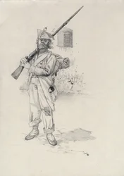 Erstes Kaiserreich (1804-1814 oder 1815): Soldat der napoleonischen Armee, Infanterist einer Brigade von Reitern in einer Festung. Zeichnung von Alessandro Lonati
