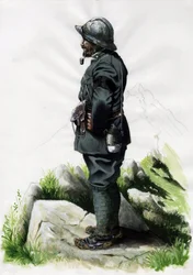 Erster Weltkrieg 1914-1918: Alpiner Jagdoffizier der italienischen Armee an der Alpenfront Zeichnung von Alessandro Lonati
