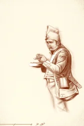 Erstes Kaiserreich: Leichtinfanteriesoldat während einer Mahlzeit während einer Kampagne von Napoleon I. (wahrscheinlich in Russland) Anfang des 19. Jahrhunderts. Illustration von Alessandro Lonati, 2010