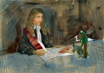 Französischer Schriftsteller Jean de la Fontaine betrachtet die Figuren seiner Fabeln - Illustration von Alessandro Lonati