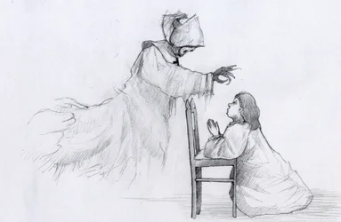 Geist einer älteren Nonne mit krummen Händen erscheint einem betenden kleinen Mädchen.