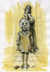 Illustration Science-Fiction: Zombies oder Geister, die einen Albtraum darstellen, zeigen ein Kind mit einem genähten Schädel und einer enthaupteten Puppe im Hintergrund eine schwangere Mutter Zeichnung von Alessandro Lonati