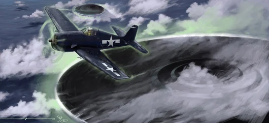 Mysteriöse Phänomene: Darstellung des Verschwindens eines US-Navy-Flugzeugs im Bermuda-Dreieck in den 1940er Jahren. Eine Legende besagt, dass es das Werk von UFOs (Außerirdischen) war. Zeichnung von Alessandro Lonati