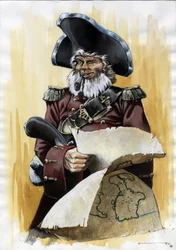 Porträt eines Piraten oder Seemanns mit Dreispitz und Schatzkarte in den Händen