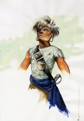 Porträt eines Piraten (Freibeuter) oder Seemanns mit Augenklappe (einäugig). Farbzeichnung von Alessandro Lonati.