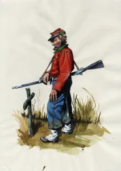 Zweites Kaiserreich (1852-1870): Italienische Einigung (Risorgimento), Freiwilliger der Garibaldi-Armee, bekannt als „Rothemden“-Kämpfer für die Sache von Giuseppe Garibaldi (1807-1882) in Italien